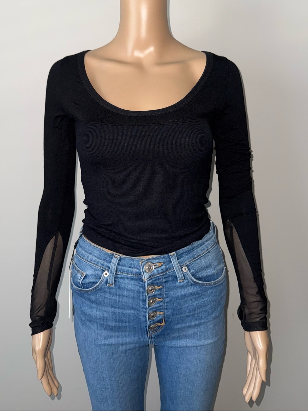 Joah Brown Black Long-Sleeve Scoop Neck Top with Sheer Sleeve Insets